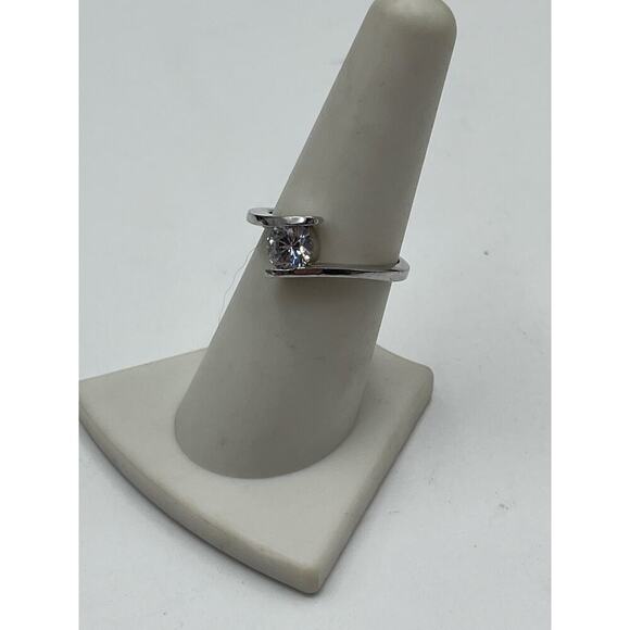 Sterling Silver 925 Rhodium Round Bezel CZ Solitaire Ring Sz 7.5 - Picture 3 of 13